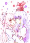  bangs blunt_bangs colored_pencil_(medium) friends fujiwara_no_mokou hair_ribbon hat hime_cut inaba-no-kuni-tottori kamishirasawa_keine long_hair multiple_girls open_mouth pink_eyes pink_hair purple purple_hair red_eyes ribbon smile touhou traditional_media 