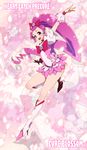  boots bow character_name choker copyright_name cure_blossom hanasaki_tsubomi heartcatch_precure! highres knee_boots long_hair magical_girl open_mouth pink pink_background pink_bow pink_choker pink_eyes pink_hair ponytail precure smile solo takanashi_ringo zoom_layer 