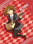  bad_id bad_pixiv_id brown_eyes brown_hair checkered checkered_background guitar hirasawa_yui instrument k-on! legs matsyumaro one_eye_closed pantyhose school_uniform short_hair solo 