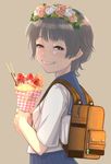  backpack bag black_hair brown_eyes crepe dessert flat-san flower food food_wrapper fruit grin hair_flower hair_ornament head_wreath highres pocky sakugawa_school_uniform school_uniform seiyuu_connection serafuku short_hair skirt smile strawberry to_aru_kagaku_no_railgun to_aru_majutsu_no_index toyosaki_aki uiharu_kazari 