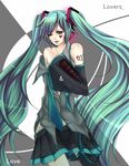  bad_id bad_pixiv_id detached_sleeves hatsune_miku headphones heart long_hair off_shoulder one_eye_closed open_clothes open_shirt shirt skirt skirt_pull solo thighhighs twintails ura-omote_lovers_(vocaloid) very_long_hair vocaloid zukiyuki 