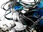  belt bikini_top black_hair black_rock_shooter black_rock_shooter_(character) blue_eyes burning_eye chain coat flat_chest hakuseki long_hair midriff navel pale_skin scar shorts solo sword twintails weapon 