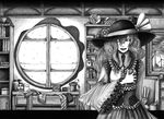  amazon_(company) basket book bookshelf cabinet flower flower_pot frills furby graphite_(medium) greyscale hand_on_own_chest hand_over_heart hane_(azelye) hat hat_ribbon high_collar highres humpty_dumpty jar komeiji_koishi lockbox looking_at_viewer monochrome open_mouth painting_(object) picture_frame ribbon rose round_window snow solo touhou traditional_media trash_can wind_turbine windmill window 