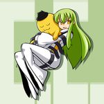  bad_id bad_pixiv_id belt bodysuit c.c. cheese-kun chiki_(chikibw) code_geass green_hair hat hug long_hair pizza_hut solo straitjacket unzipped white_bodysuit yellow_eyes 