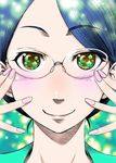 1girl bad_id bad_pixiv_id blue_hair blush close-up closed_mouth face glasses green_eyes highres hitotose_rin original short_hair smile solo star 