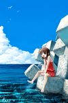  ahoge barefoot bird brown_eyes brown_hair cloud day kajiji legs ocean original seagull short_hair sitting sky soaking_feet solo tetrapod water 