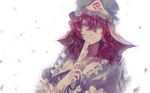  bad_id bad_pixiv_id bloom closed_fan fan folding_fan frills hat holding looking_at_viewer nod petals pink_eyes pink_hair red_hair saigyouji_yuyuko short_hair smile solo touhou upper_body wavy_hair 