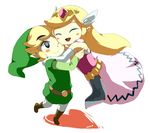  1girl black_eyes blonde_hair elbow_gloves gloves happy hat hug link muse_(rainforest) one_eye_closed princess_zelda smile the_legend_of_zelda tiara toon_link 