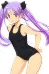  black_school_swimsuit collarbone frown hair_ribbon hand_on_hip hiiragi_kagami kage_yuu long_hair lucky_star one-piece_swimsuit purple_eyes purple_hair ribbon school_swimsuit simple_background solo swimsuit tsurime twintails 