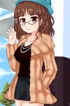  akizuki_ritsuko alternate_hairstyle breasts brown_eyes brown_hair fur_coat glasses hat highres idolmaster idolmaster_(classic) jewelry kagami_yuu medium_breasts miniskirt necklace pearl_necklace skirt solo 