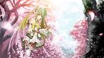  adapted_costume cherry_blossoms detached_sleeves green_eyes green_hair hatsune_miku headset kouji_(astral_reverie) long_hair midriff necktie petals skirt solo thighhighs tree twintails very_long_hair vocaloid 