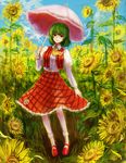  ascot bad_id bad_pixiv_id blouse field flower flower_field green_hair highres kazami_yuuka mary_janes nature parasol plaid plaid_skirt plaid_vest puffy_sleeves red_eyes shoes short_hair skirt skirt_set socks solo standing sunflower tafuto touhou umbrella vest 