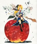  2girls alice_margatroid apple back bad_id bad_pixiv_id blonde_hair blue_eyes book broom capelet dress food fruit hairband hat kirisame_marisa kneehighs legs long_hair multiple_girls no_nose painting_(medium) pinkxxxna short_hair short_sleeves sitting socks touhou traditional_media watercolor_(medium) witch_hat 