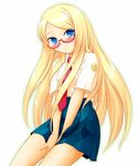  akatsuki_(akatsukishiki) blonde_hair blue_eyes blush copyright_request glasses highres long_hair necktie school_uniform solo 