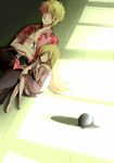  1girl bad_id bad_pixiv_id bakemonogatari blonde_hair closed_eyes helmet light lying monogatari_(series) oshino_meme oshino_shinobu shizuki_sayaka sleeping strap_slip 