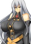  1girl amano_mokuzu bare_shoulders breasts detached_sleeves female huge_breasts long_hair military military_uniform mokuzu120 red_eyes selvaria_bles senjou_no_valkyria senjou_no_valkyria_1 silver_hair solo source_request umino_mokuzu_(a4_size) uniform white_background 