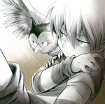  akuma-kun animal animal_on_shoulder bad_id bad_pixiv_id bird bird_on_shoulder green_eyes male_focus matsushita_ichirou monochrome owl solo spot_color striped togetsuhou 