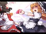  bandaid bandaid_on_finger bandaid_on_hand black_hair blonde_hair blood blush bow box braid closed_eyes detached_sleeves hair_bow hakurei_reimu hat heart-shaped_box kirisame_marisa letterboxed light long_hair multiple_girls nosebleed outstretched_arms short_hair touhou umakatsuhai valentine witch_hat wrist_cuffs 