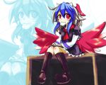  bad_id bad_pixiv_id book boots candy food head_wings horns lollipop mouth_hold multicolored_hair oshino_hazure red_eyes red_wings short_hair single_head_wing sitting solo swirl_lollipop tokiko_(touhou) touhou two-tone_hair wings zoom_layer 