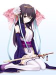  brown_eyes brown_hair chinese_clothes detached_sleeves flower highres obi sangokushi_taisen sash sitting solo soukougou sword thighhighs wariza weapon yuuki_kira 