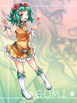  bad_id bad_pixiv_id belt boots character_name goggles goggles_on_head green_eyes green_hair gumi highres kousetsu midriff orange_skirt see-through skirt vocaloid 