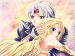  1girl blonde_hair blue_eyes blush celes_chere circlet couple elbow_gloves final_fantasy final_fantasy_vi gloves headband hetero hug lock_cole long_hair nakamasomo 