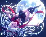  arm_wrap bandages breasts cleavage dual_wielding fishnets full_moon holding kayu kunai large_breasts legs lips long_hair moon night ninja original petals purple_eyes red_scarf scarf solo thighhighs upside-down weapon white_hair 