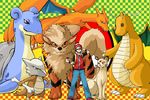  arcanine bad_id bad_pixiv_id baseball_cap blue_eyes bone brown_eyes brown_hair charizard dragonite gen_1_pokemon hat lapras marowak nintendo persian poke_ball pokemon pokemon_(creature) pokemon_(game) pokemon_rgby red_(pokemon) red_eyes wings yaji 