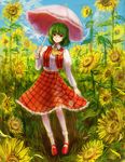  ascot bad_id bad_pixiv_id blouse bobby_socks field flower flower_field green_hair highres kazami_yuuka mary_janes nature parasol plaid plaid_skirt plaid_vest puffy_sleeves red_eyes shoes short_hair skirt skirt_set socks solo standing sunflower tafuto touhou umbrella vest 