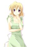  apron blonde_hair blush earrings indigorabbit jewelry lyrical_nanoha mahou_shoujo_lyrical_nanoha_strikers naked_apron purple_eyes shamal solo 