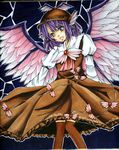  animal_ears conductance dress earrings hat jewelry marker_(medium) mystia_lorelei open_mouth purple_eyes purple_hair short_hair solo thighhighs touhou traditional_media wings 