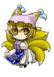  animal_ears blonde_hair chibi fox_tail full_body hands_in_opposite_sleeves multiple_tails socha solo tail touhou transparent_background yakumo_ran yellow_eyes 