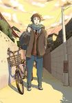  alley bag basket bicycle bicycle_basket breath brown_eyes brown_hair building cardigan coat full_body fur_trim ground_vehicle hand_in_pocket holding holding_bag kita_high_school_uniform kyon male_focus open_mouth outdoors pants power_lines retaining_wall scarf school_bag school_uniform shadow solo standing sunset suzumiya_haruhi_no_shoushitsu suzumiya_haruhi_no_yuuutsu sweater_vest takeshita telephone_pole winter_clothes yellow_sky 