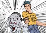  1girl back baseball_cap clothes_writing ellis_(left4dead) emphasis_lines frying_pan harahachibu_ajinosuke hat left_4_dead left_4_dead_2 punching red_eyes shirt short_sleeves simple_background t-shirt white_background witch_(left4dead) 