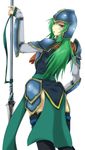  armor bad_id bad_pixiv_id blue_armor fire_emblem fire_emblem:_akatsuki_no_megami from_behind green_eyes green_hair helmet highres looking_back nephenee polearm ribbon shinon_(tokage_shuryou) simple_background solo spear weapon 