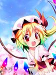  :d ascot bad_id bad_pixiv_id bell_(oppore_coppore) blonde_hair cherry_blossoms colorful fang flandre_scarlet gradient_hair hat heart heart-shaped_pupils highres multicolored_hair open_mouth petals puffy_sleeves red_eyes ribbon short_hair short_sleeves side_ponytail smile solo symbol-shaped_pupils touhou wings 