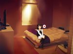 bed bedroom between_thighs black_hair blush chest_of_drawers heart hotel_room kuroba_(f-15c_eagle) legs long_hair original sitting smile solo spoken_heart thighhighs v_arms zettai_ryouiki 