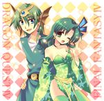  1girl argyle argyle_background breasts cleavage color_connection copyright_name crossover detached_sleeves dragon_quest dragon_quest_iv earrings final_fantasy final_fantasy_iv green_eyes green_hair green_leotard hair_ornament hero_(dq4) izumi_makoto jewelry leotard look-alike older one_eye_closed rydia small_breasts star thighhighs 