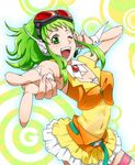  galibo goggles goggles_on_head green_eyes green_hair gumi headphones headset midriff one_eye_closed see-through short_hair skirt solo vocaloid wrist_cuffs 