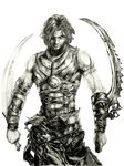  bad_id bad_pixiv_id banned_artist male_focus monochrome prince_(sands_of_time) prince_of_persia solo sword weapon yinan_cui 