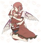  animal_ears barefoot brown_eyes dual_persona head_scarf kiss multiple_girls mystia_lorelei okamisty older pink_hair selfcest short_hair tasuki time_paradox torinone touhou wings yuri 