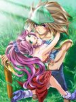  1girl angela_(seiken_densetsu_3) armor blush couple duran green_eyes hetero hug long_hair nakamasomo ponytail purple_hair seiken_densetsu seiken_densetsu_3 sword weapon 