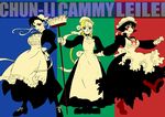  alternate_costume apron black_hair blonde_hair blue_eyes blush_stickers bonnet boots braid broom bun_cover cammy_white capcom chun-li company_connection crossover double_bun enmaided flipped_hair k_t_(burugariya) lei_lei maid multiple_girls street_fighter twin_braids vampire_(game) 