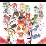  6+girls ;d adjusting_clothes adjusting_hat animal_ears apron arm_garter ascot bad_id bad_pixiv_id blazer blonde_hair bow braid bunny_ears camera cirno detached_sleeves dress flower hair_bobbles hair_bow hair_ornament hair_ribbon hair_tubes hakurei_reimu hand_on_hip hat inaba_tewi izayoi_sakuya jacket kazami_yuuka kimeemaru kirisame_marisa knife konpaku_youmu letterboxed lunasa_prismriver lyrica_prismriver medicine_melancholy merlin_prismriver midriff mizuki_(tamago) multiple_girls musical_note mystia_lorelei necktie one_eye_closed onozuka_komachi open_mouth phantasmagoria_of_flower_view plaid plaid_vest red_flower red_rose ribbon rod_of_remorse rose shameimaru_aya shiki_eiki skirt skirt_set smile staff_(music) tokin_hat touhou twin_braids vest witch_hat 