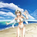  bad_id bad_pixiv_id beach bikini breasts brown_eyes cleavage day highres hood hood_down hoodie large_breasts lowleg open_clothes open_shirt original sandals satou_kou shirt short_hair sleeves_rolled_up solo swimsuit white_hair 