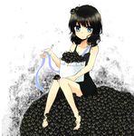  bad_id bad_pixiv_id barefoot black_hair blue_eyes dress highres monster mozukuzu_(manukedori) original ribbon short_hair solo yami_shoujo 