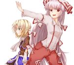  blonde_hair fujiwara_no_mokou hair_ribbon half_updo long_hair miyo_(ranthath) mizuhashi_parsee multiple_girls open_mouth outstretched_arm outstretched_hand ribbon short_hair suspenders touhou 