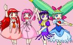  4girls background blank_expression blue_eyes blue_hair bored bow crown demon_girl dress heart horns konjiki_no_gash konjiki_no_gash!! koruru laila long_hair lowres multiple_girls oekaki open_mouth patty_(gash_bell) patty_(konjiki_no_gash!!) penny_(zatch_bell) pink_background pink_eyes pink_hair pose purple_eyes purple_hair red_eyes red_hair redhead short_hair simple simple_background smile sweat tio_(gash_bell) tio_(konjiki_no_gash!!) tio_(zatch_bell) twintails violet_eyes wink 