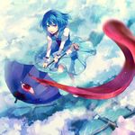  blue_hair blurry cloud depth_of_field flying foreshortening heterochromia karakasa_obake purple_umbrella rain short_hair solo sunakumo tatara_kogasa tongue touhou umbrella 