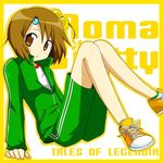  alternate_costume brown_eyes brown_hair character_name coat copyright_name gym_shorts hair_bobbles hair_ornament kiiro md5_mismatch norma_beatty shoes short_hair shorts sitting sneakers tales_of_(series) tales_of_legendia 